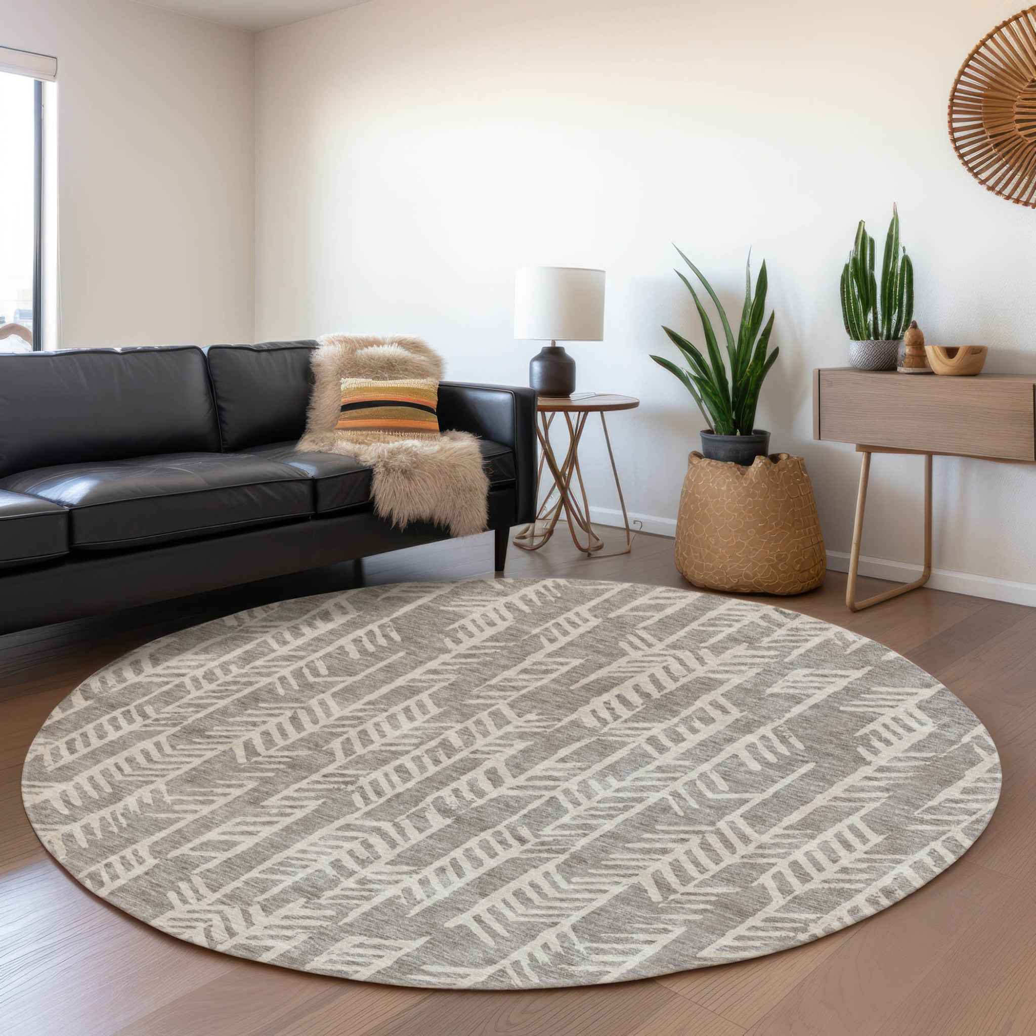 8' Taupe And Beige Round Tribal Washable Indoor Outdoor Area Rug