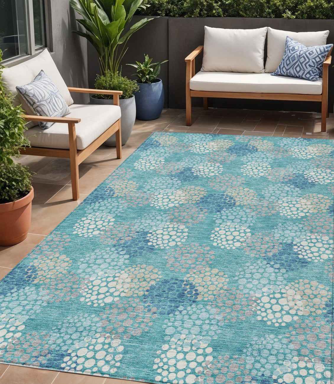 5' X 8' Teal Blue Gray And Ivory Polka Dot Washable Indoor Outdoor Area Rug