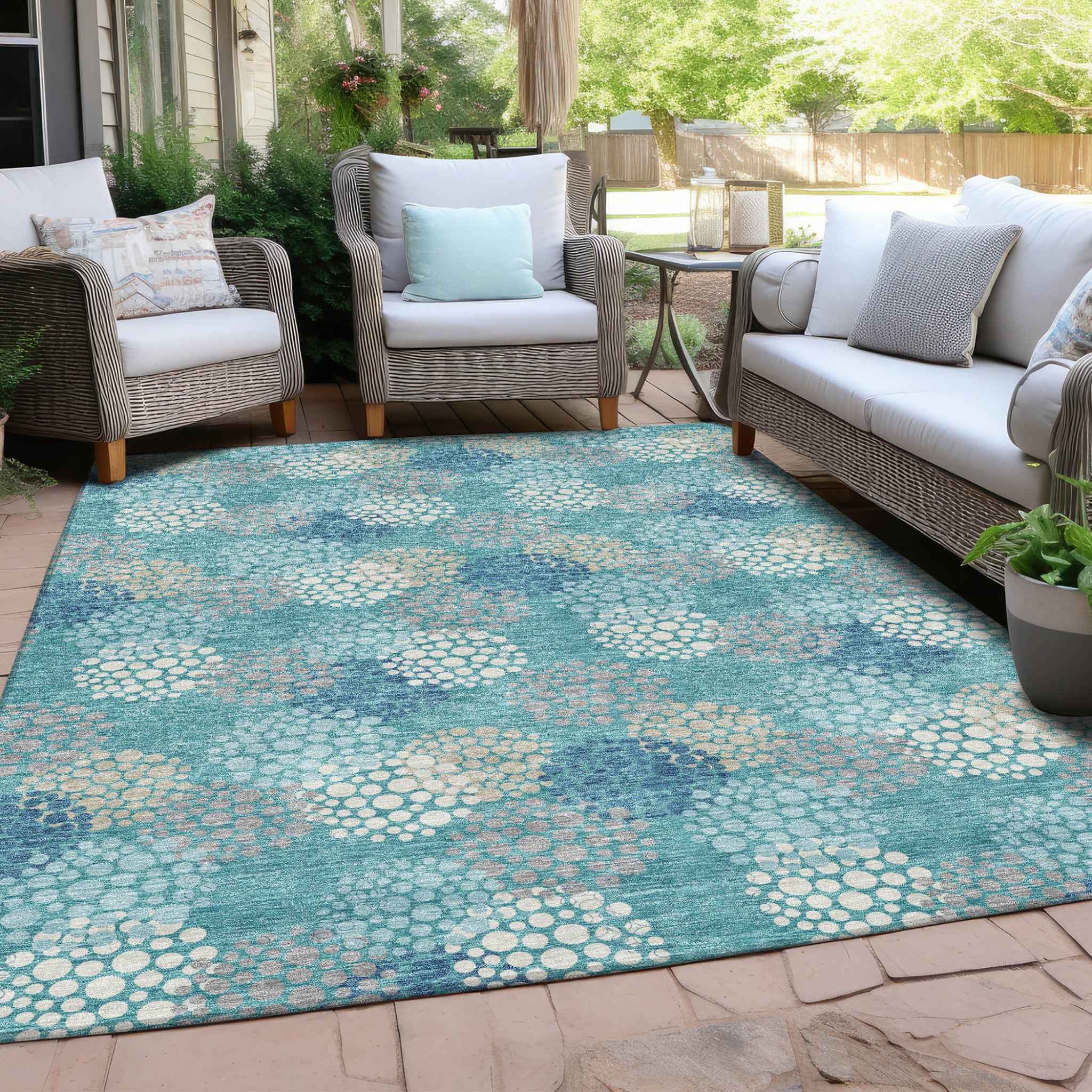 5' X 8' Teal Blue Gray And Ivory Polka Dot Washable Indoor Outdoor Area Rug