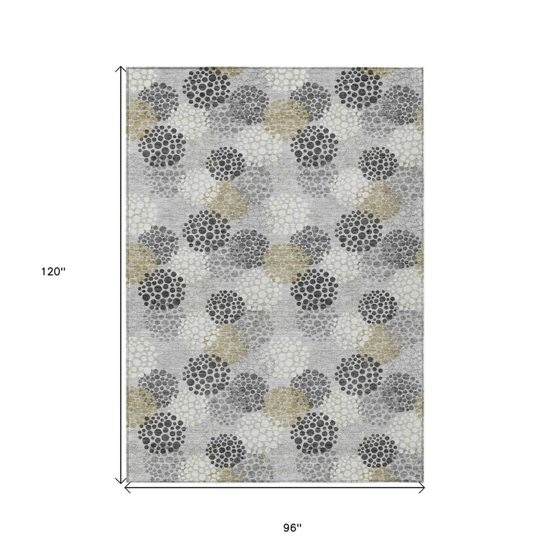 8' X 10' Gray Silver And Ivory Polka Dot Washable Indoor Outdoor Area Rug