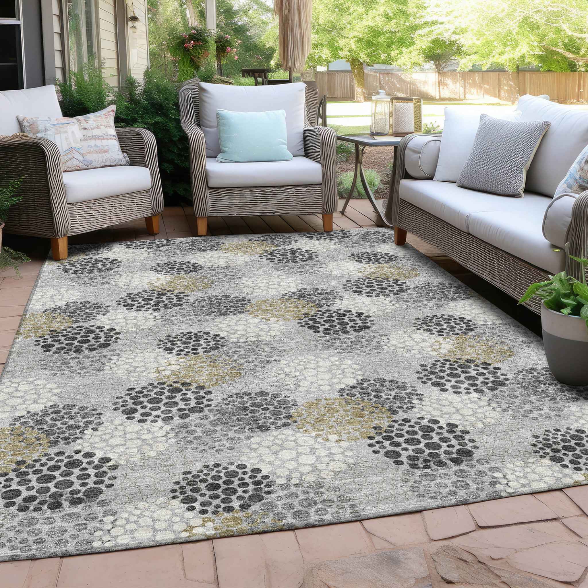 8' X 10' Gray Silver And Ivory Polka Dot Washable Indoor Outdoor Area Rug