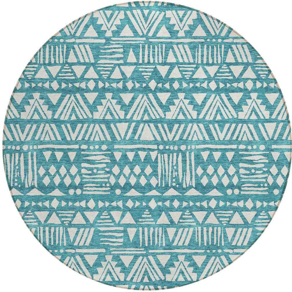 8' Teal Blue And Ivory Round Southwestern Washable Indoor Outdoor Area Rug
