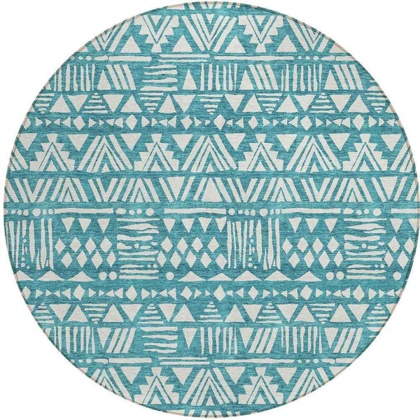 8' Teal Blue And Ivory Round Southwestern Washable Indoor Outdoor Area Rug
