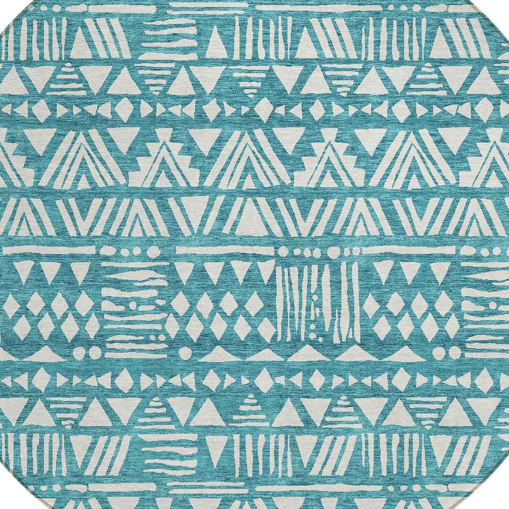 8' Teal Blue And Ivory Round Southwestern Washable Indoor Outdoor Area Rug