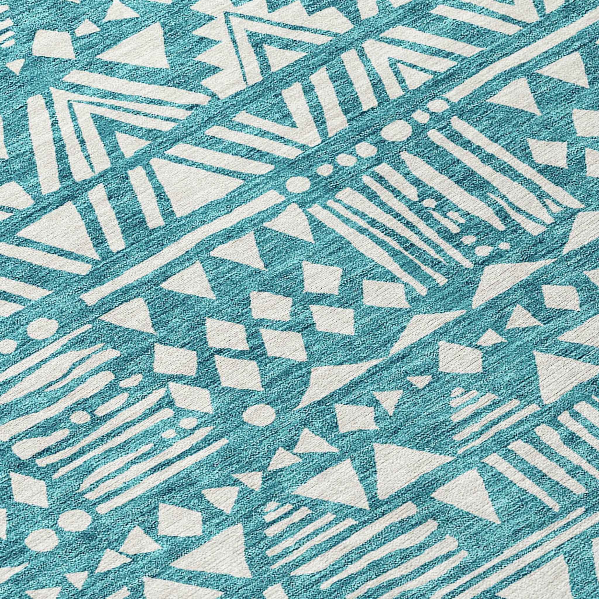 8' Teal Blue And Ivory Round Southwestern Washable Indoor Outdoor Area Rug
