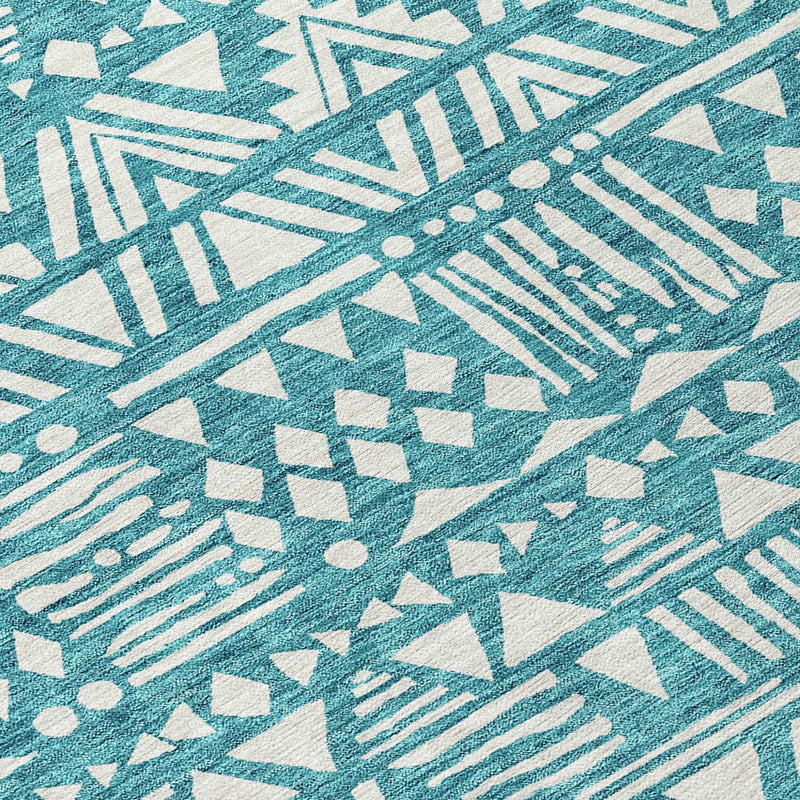 8' Teal Blue And Ivory Round Southwestern Washable Indoor Outdoor Area Rug