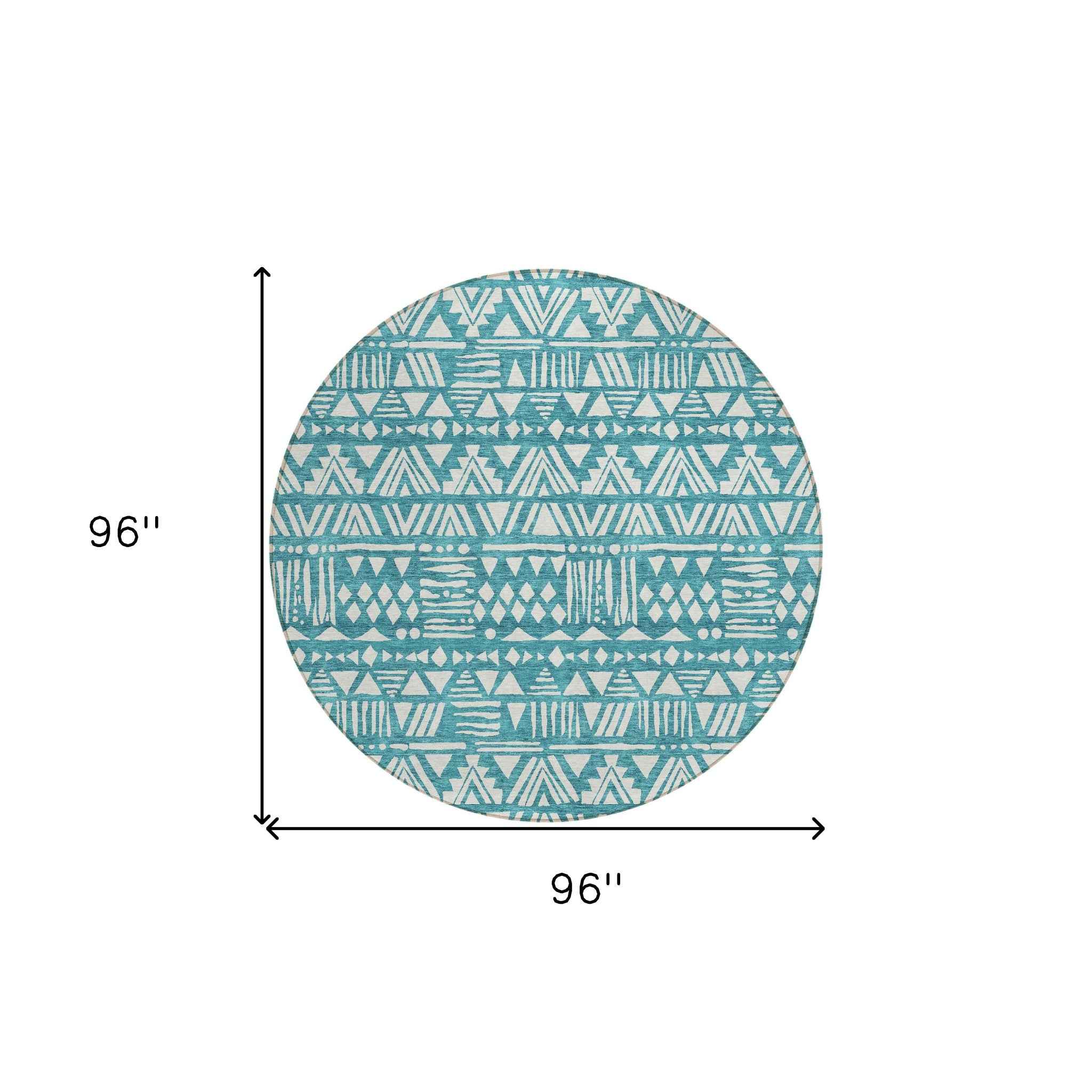 8' Teal Blue And Ivory Round Southwestern Washable Indoor Outdoor Area Rug