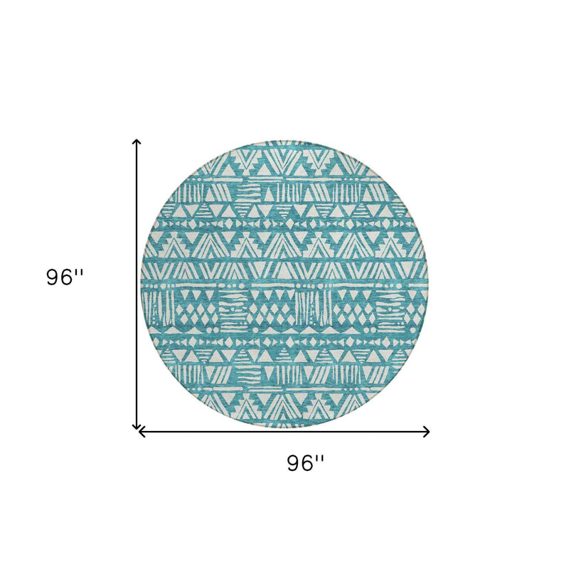 8' Teal Blue And Ivory Round Southwestern Washable Indoor Outdoor Area Rug