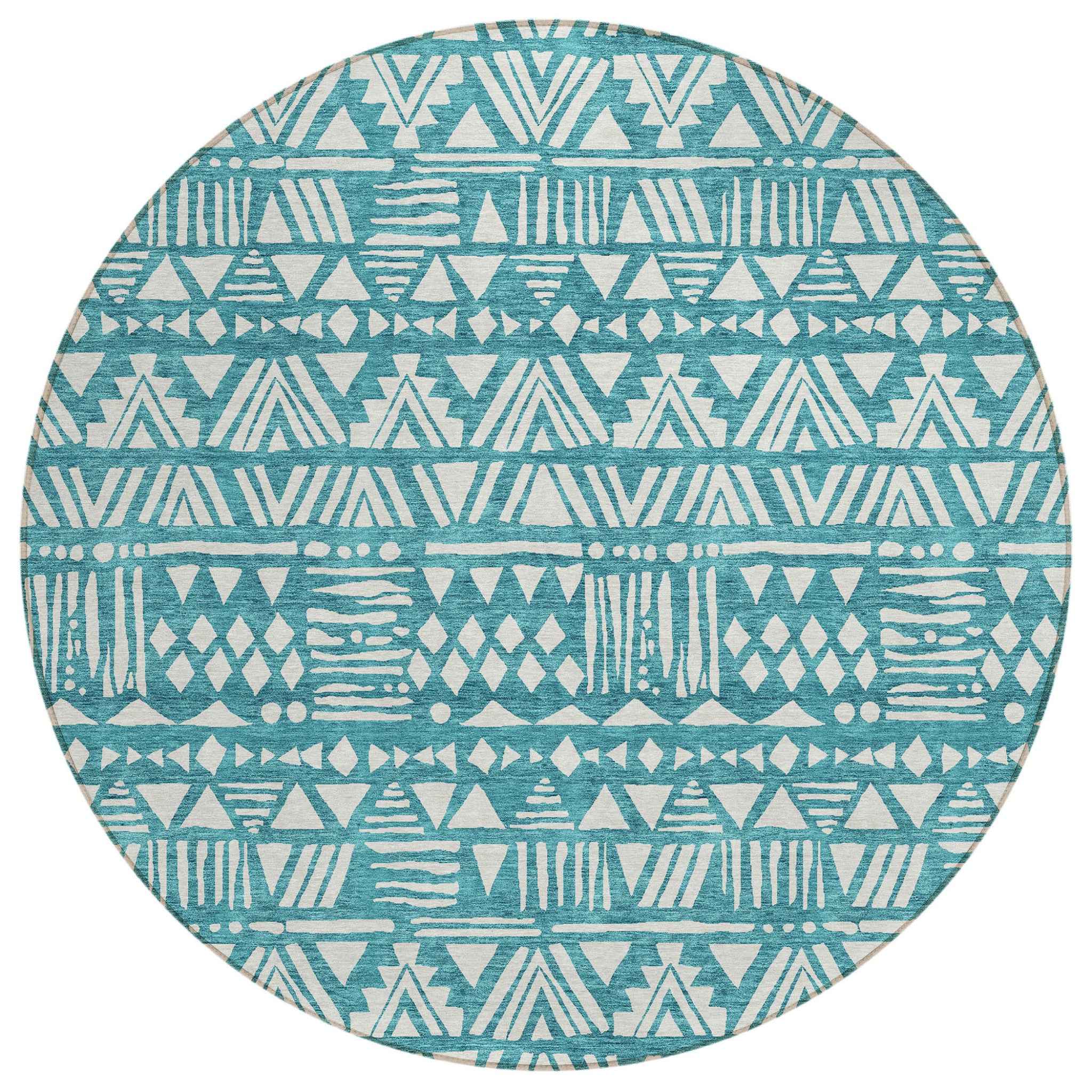 8' Teal Blue And Ivory Round Southwestern Washable Indoor Outdoor Area Rug