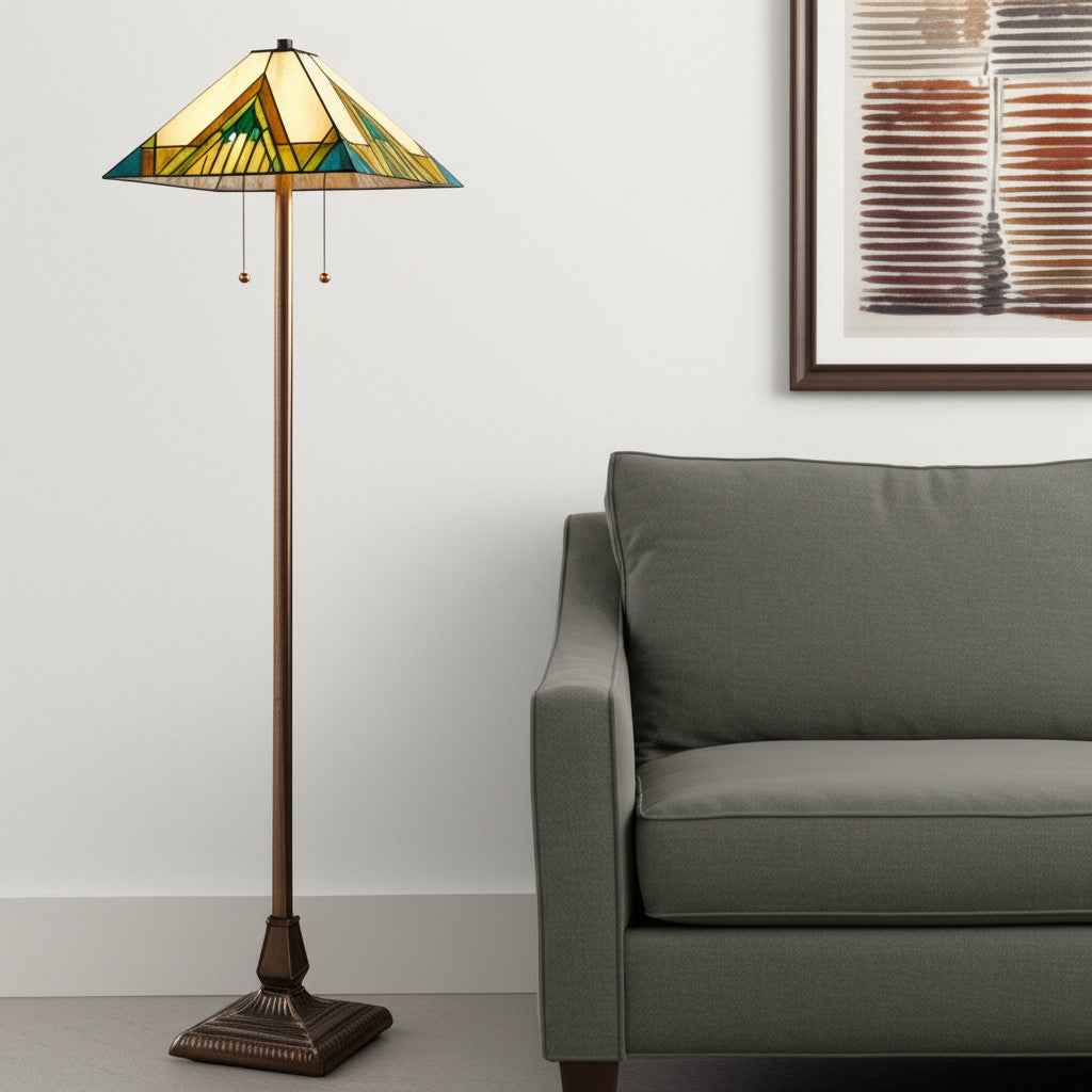 62" Two Light Tiffany Style Floor Lamp With Amber Blue And Green Stained Glass Shade