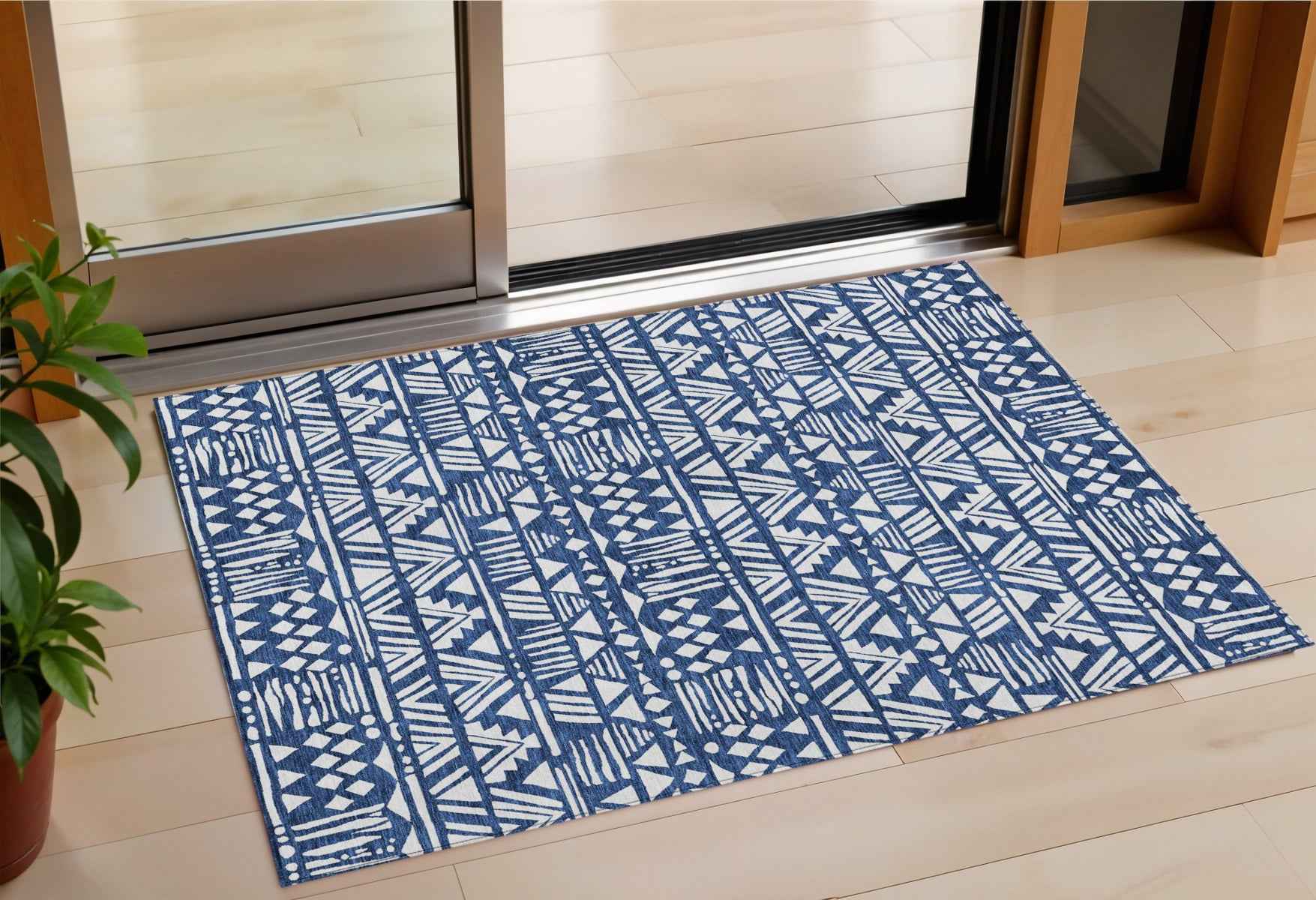3' X 5' Navy Blue And Ivory Southwestern Washable Indoor Outdoor Area Rug