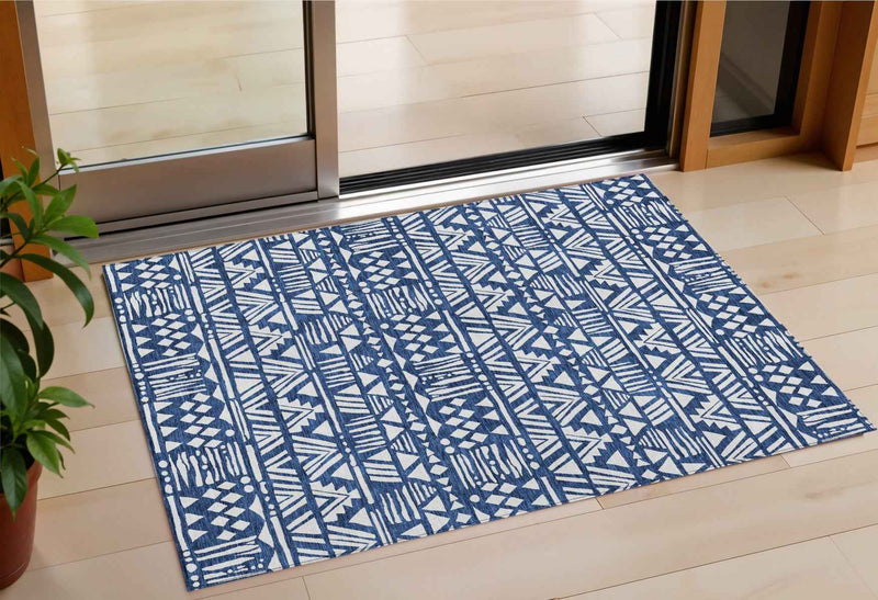 3' X 5' Navy Blue And Ivory Southwestern Washable Indoor Outdoor Area Rug