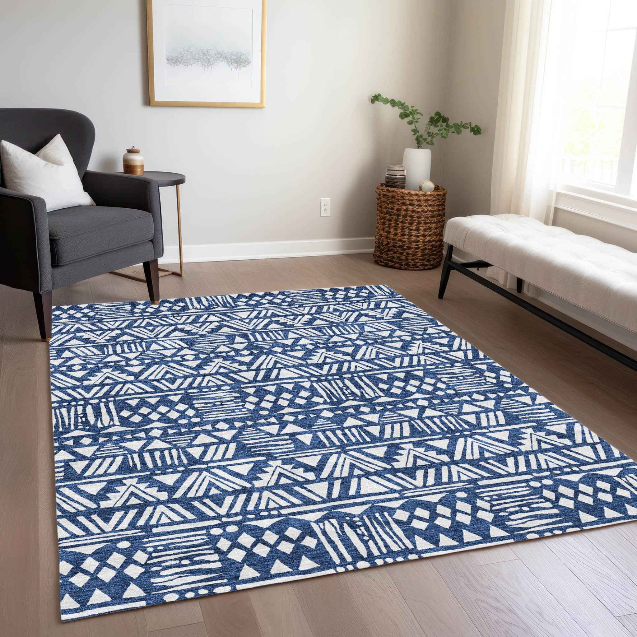 3' X 5' Navy Blue And Ivory Southwestern Washable Indoor Outdoor Area Rug