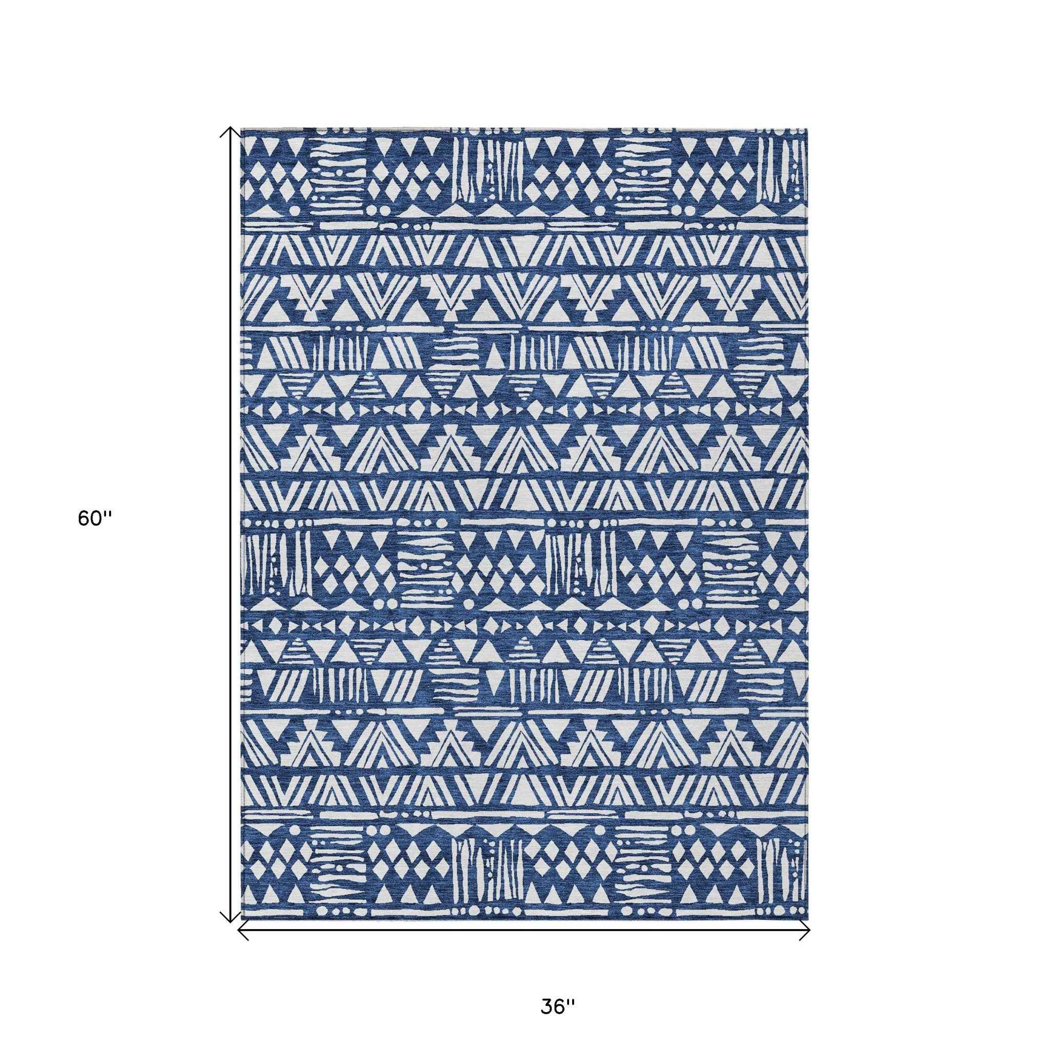 3' X 5' Navy Blue And Ivory Southwestern Washable Indoor Outdoor Area Rug