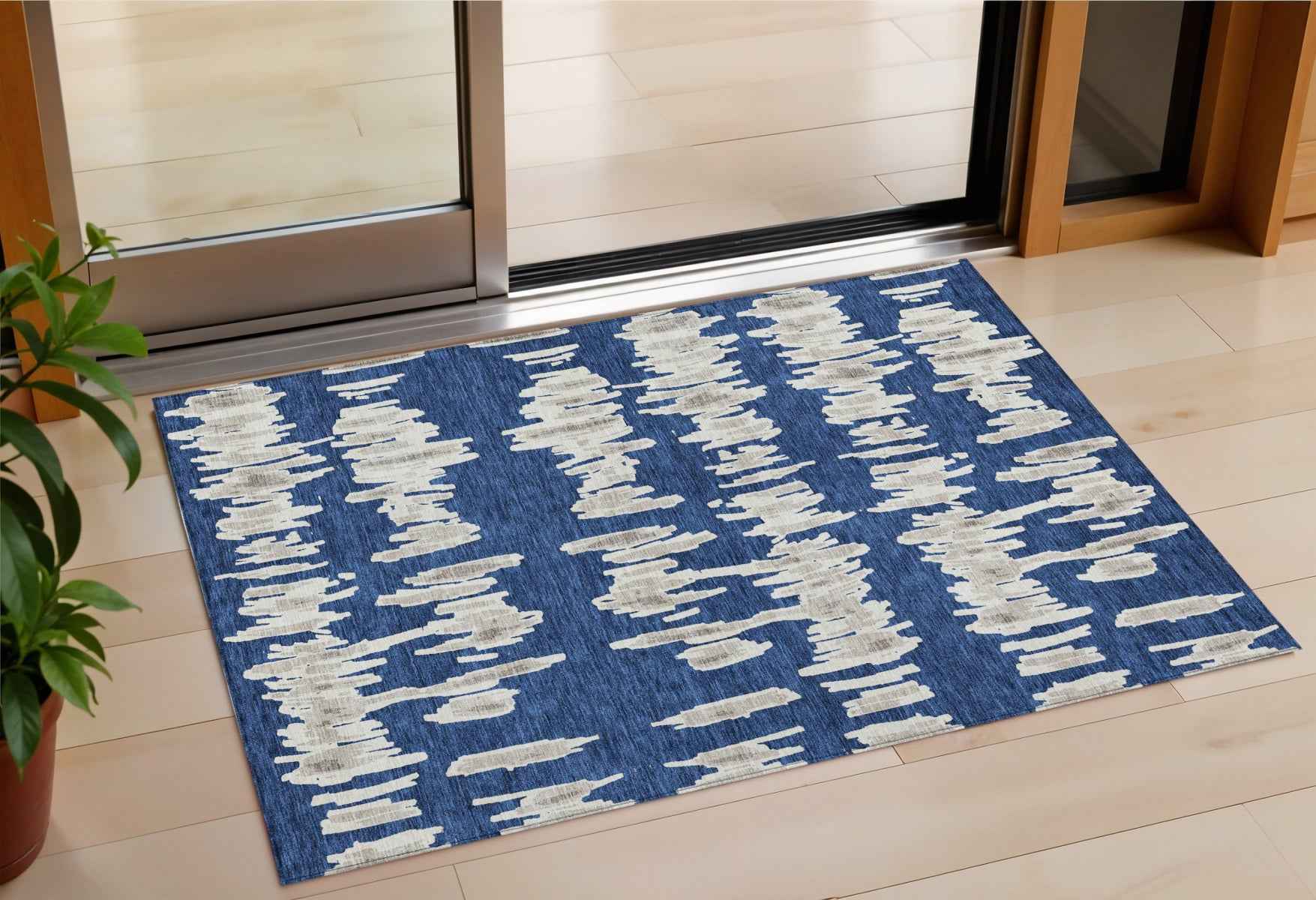 3' X 5' Navy Blue Gray And Ivory Striped Washable Indoor Outdoor Area Rug