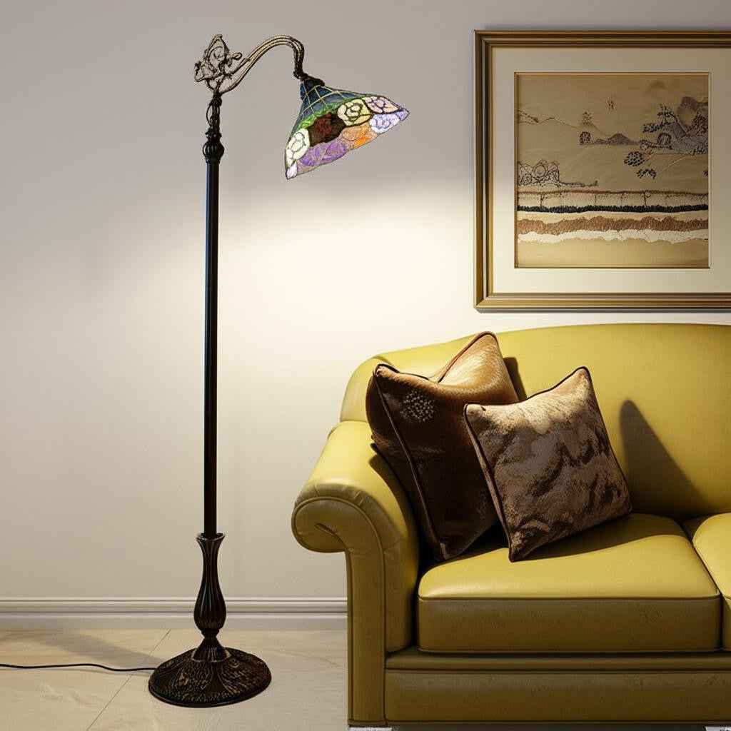 62" Brown Torchiere Floor Lamp With Blue and Yellow Flowers Glass Dome Shade