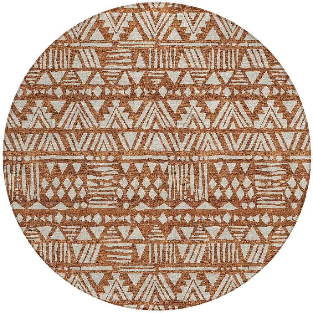 8' Terra Cotta And Beige Round Southwestern Washable Indoor Outdoor Area Rug