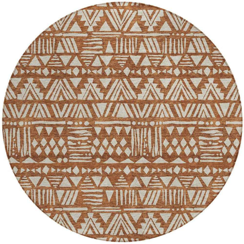 8' Terra Cotta And Beige Round Southwestern Washable Indoor Outdoor Area Rug