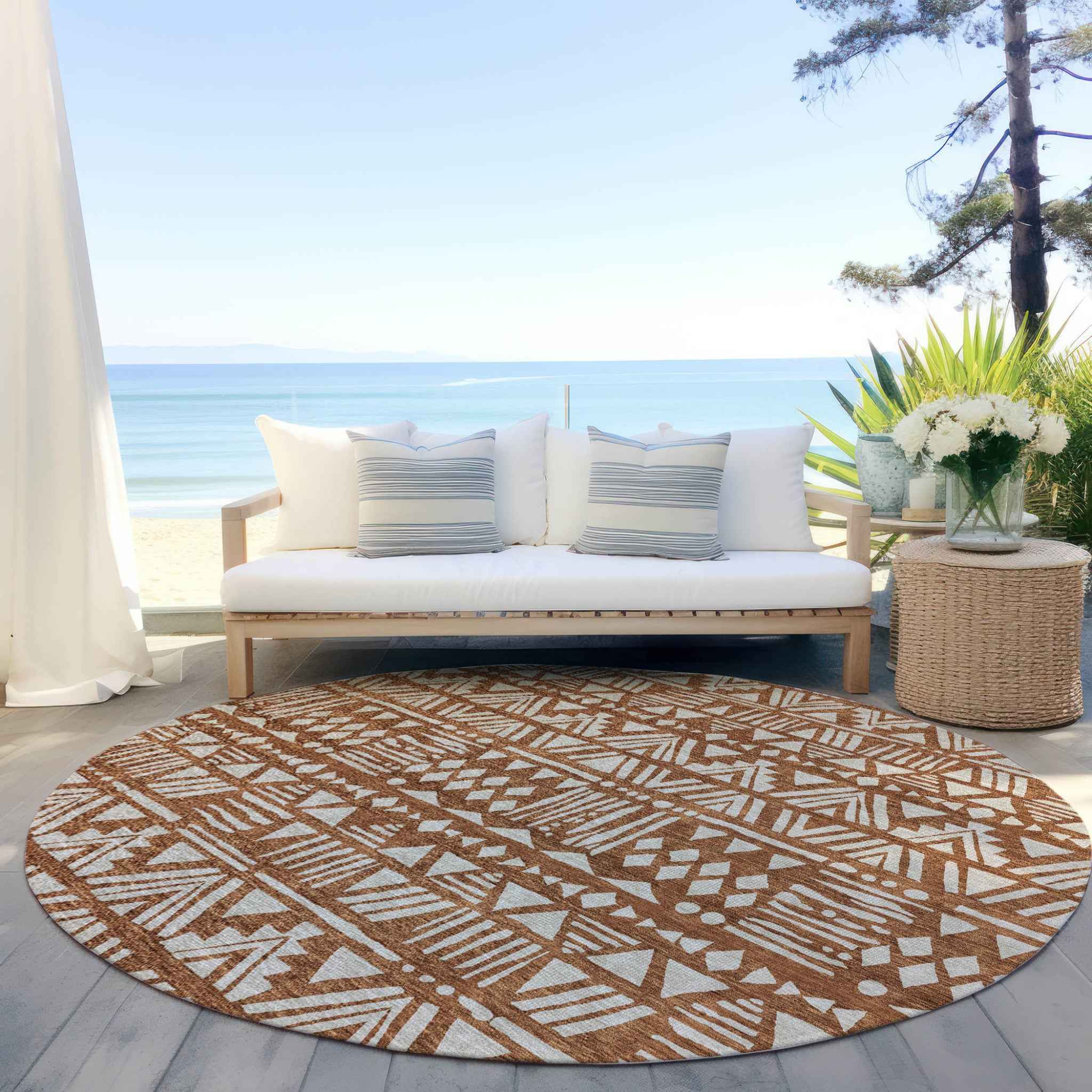 8' Terra Cotta And Beige Round Southwestern Washable Indoor Outdoor Area Rug
