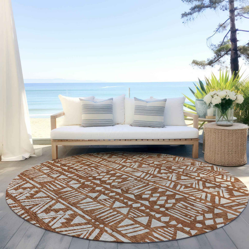 8' Terra Cotta And Beige Round Southwestern Washable Indoor Outdoor Area Rug