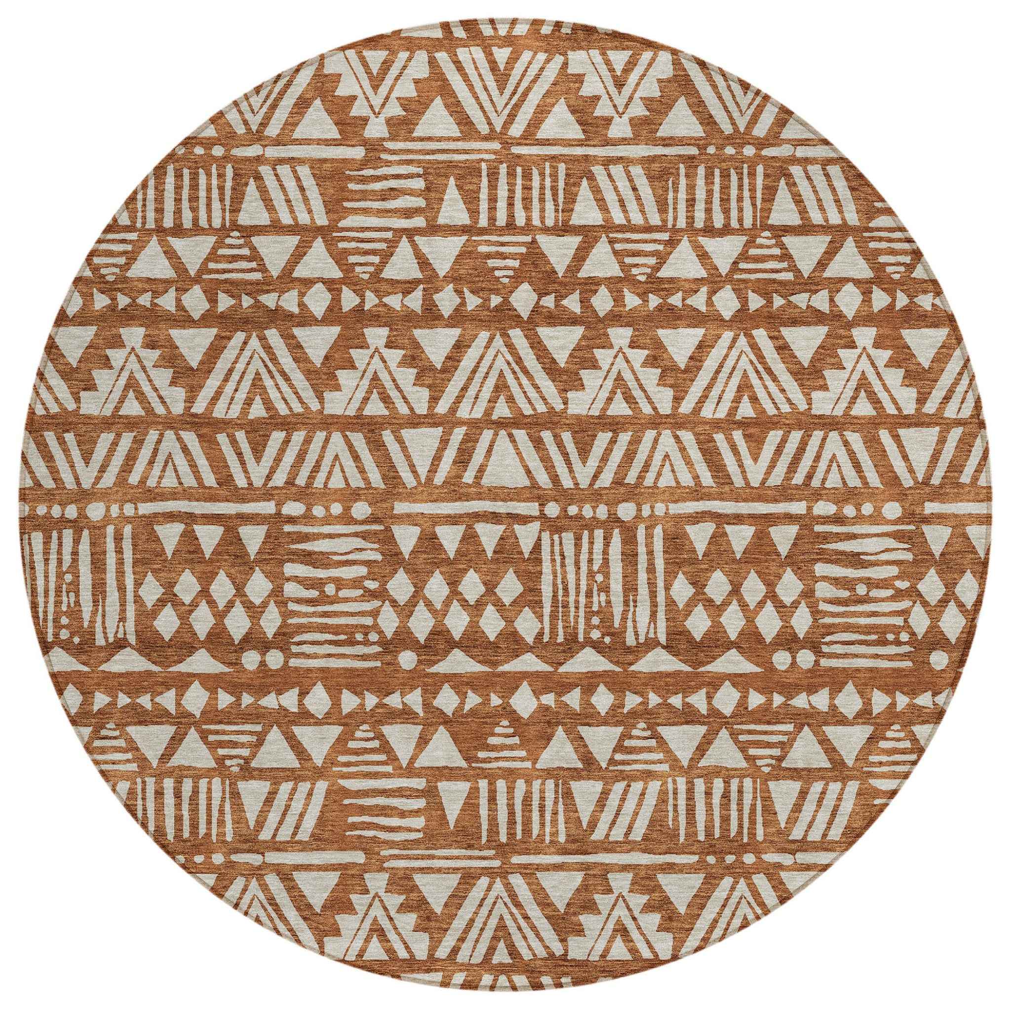 8' Terra Cotta And Beige Round Southwestern Washable Indoor Outdoor Area Rug