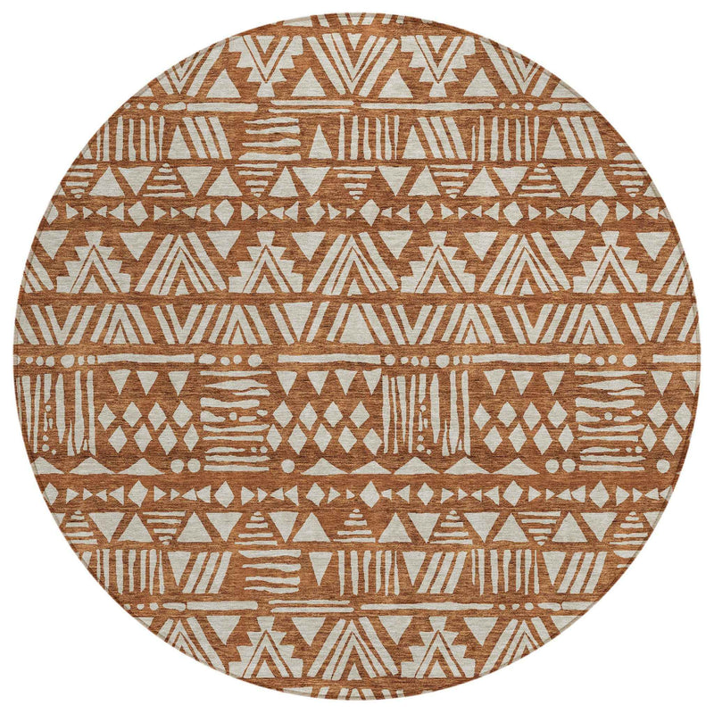 8' Terra Cotta And Beige Round Southwestern Washable Indoor Outdoor Area Rug