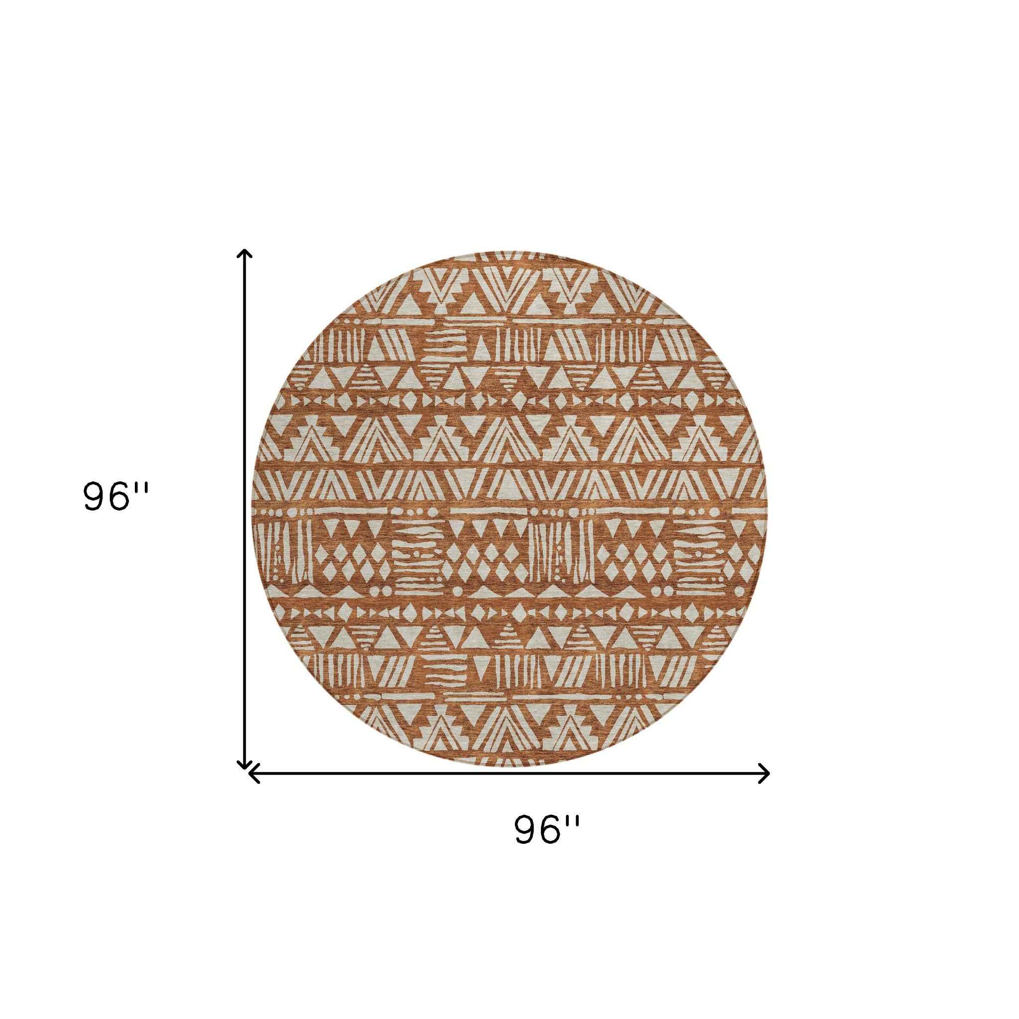 8' Terra Cotta And Beige Round Southwestern Washable Indoor Outdoor Area Rug