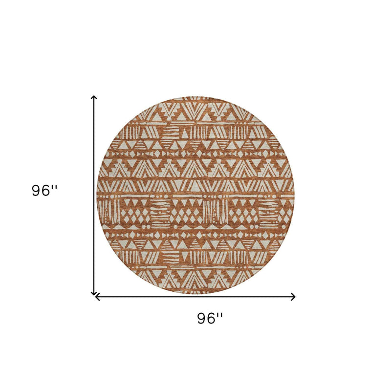 8' Terra Cotta And Beige Round Southwestern Washable Indoor Outdoor Area Rug
