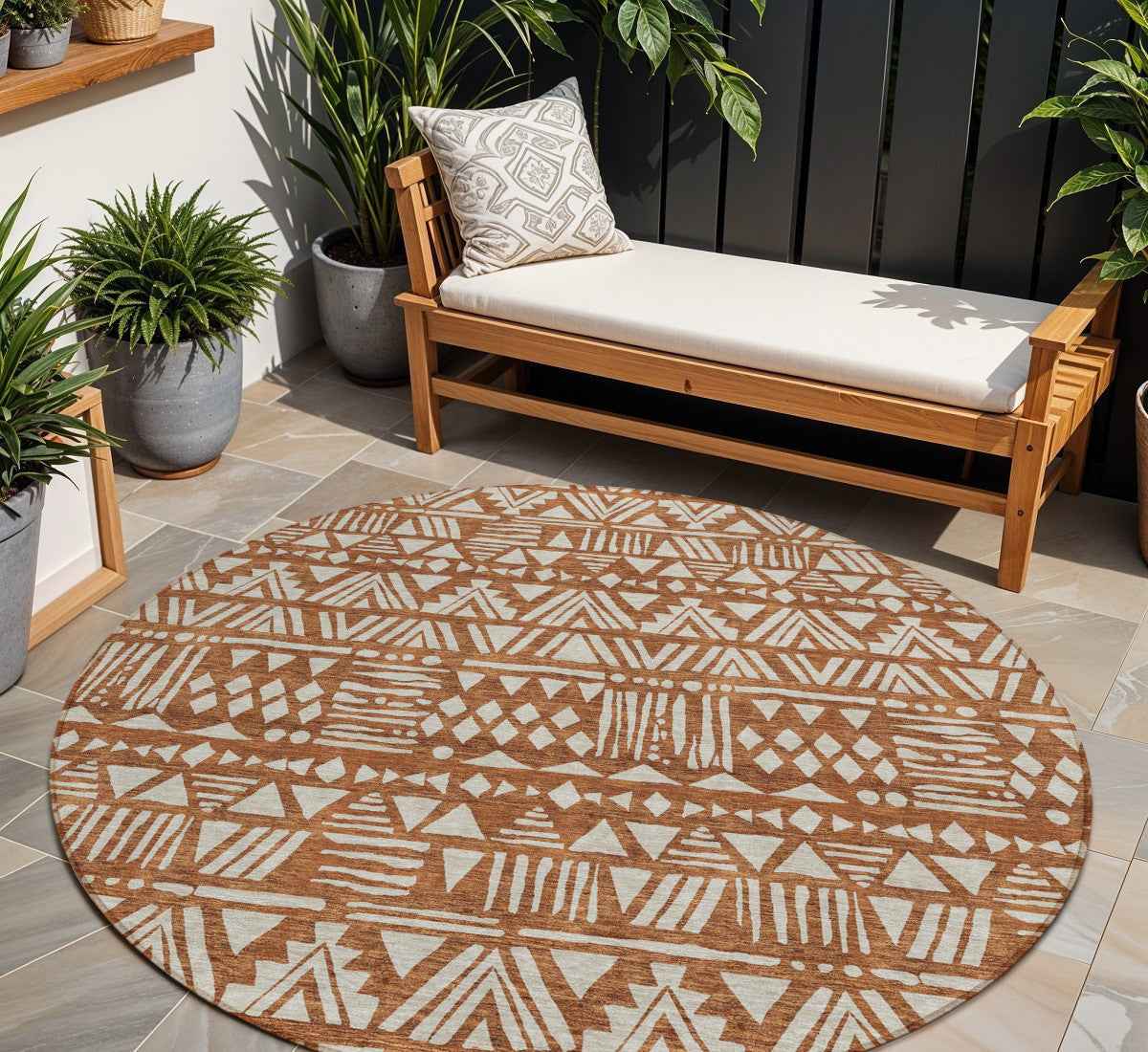 8' Terra Cotta And Beige Round Southwestern Washable Indoor Outdoor Area Rug