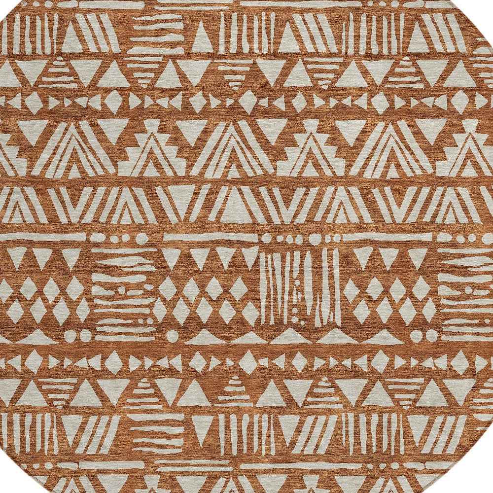 8' Terra Cotta And Beige Round Southwestern Washable Indoor Outdoor Area Rug