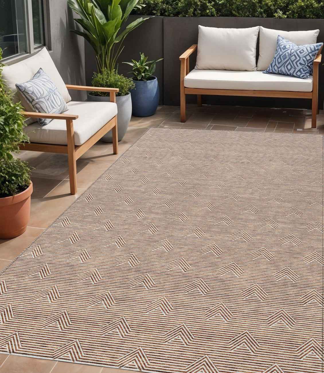 5' X 8' Brown And Beige Geometric Washable Indoor Outdoor Area Rug