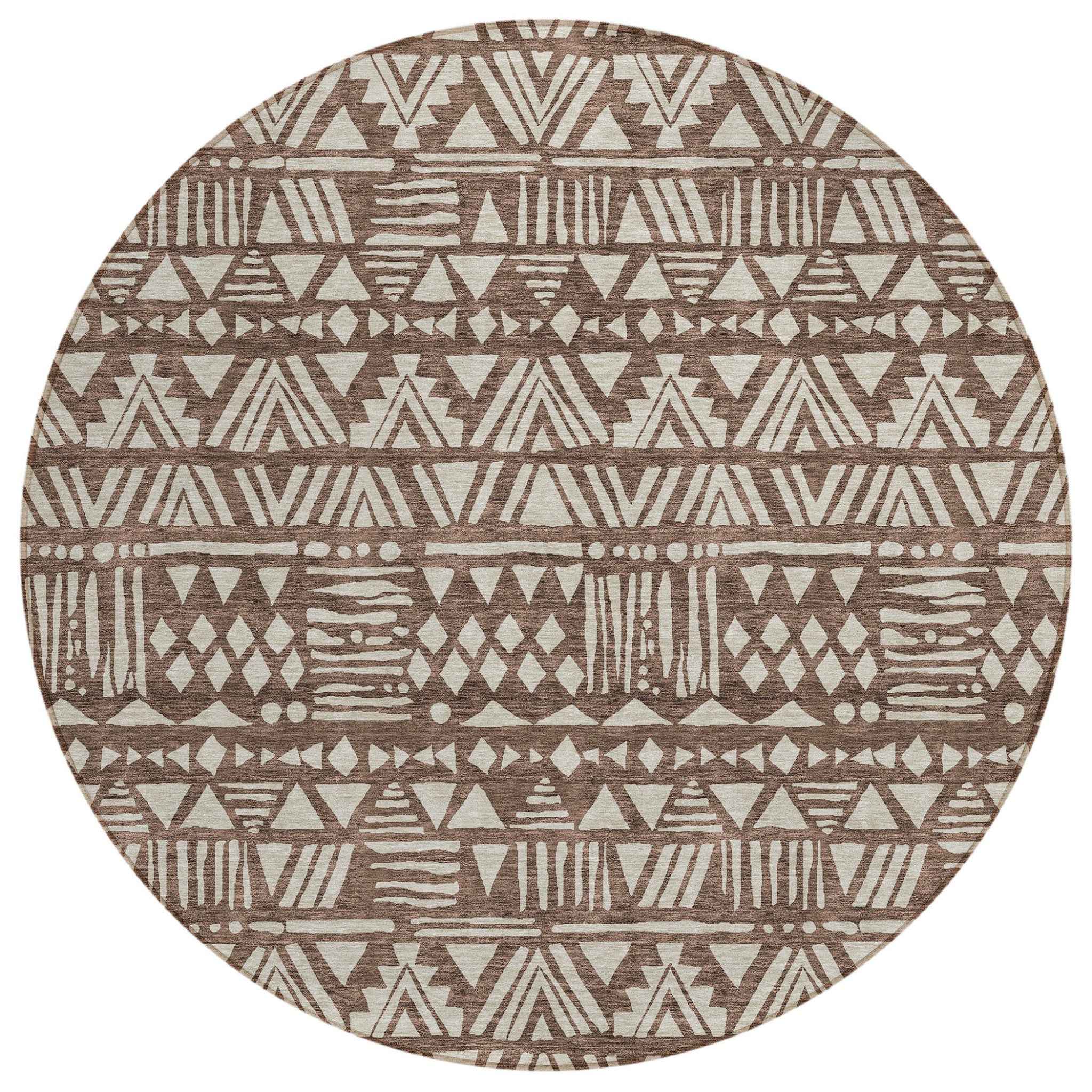 8' Brown And Beige Round Southwestern Washable Indoor Outdoor Area Rug