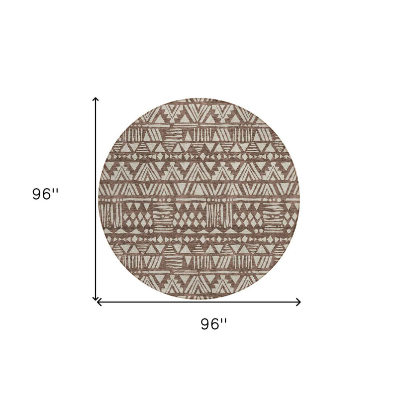 8' Brown And Beige Round Southwestern Washable Indoor Outdoor Area Rug