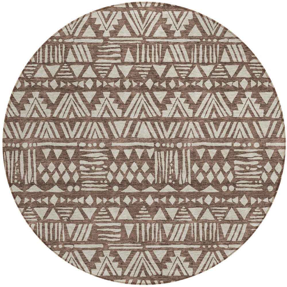 8' Brown And Beige Round Southwestern Washable Indoor Outdoor Area Rug