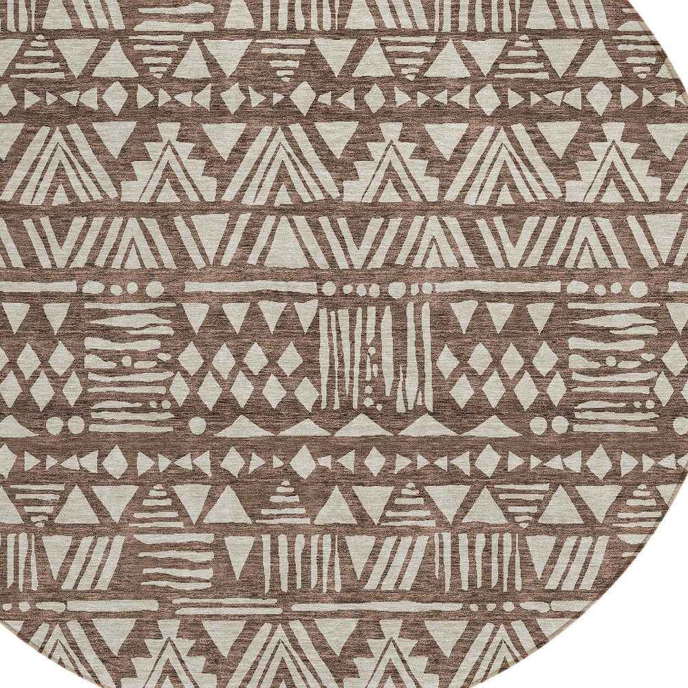 8' Brown And Beige Round Southwestern Washable Indoor Outdoor Area Rug