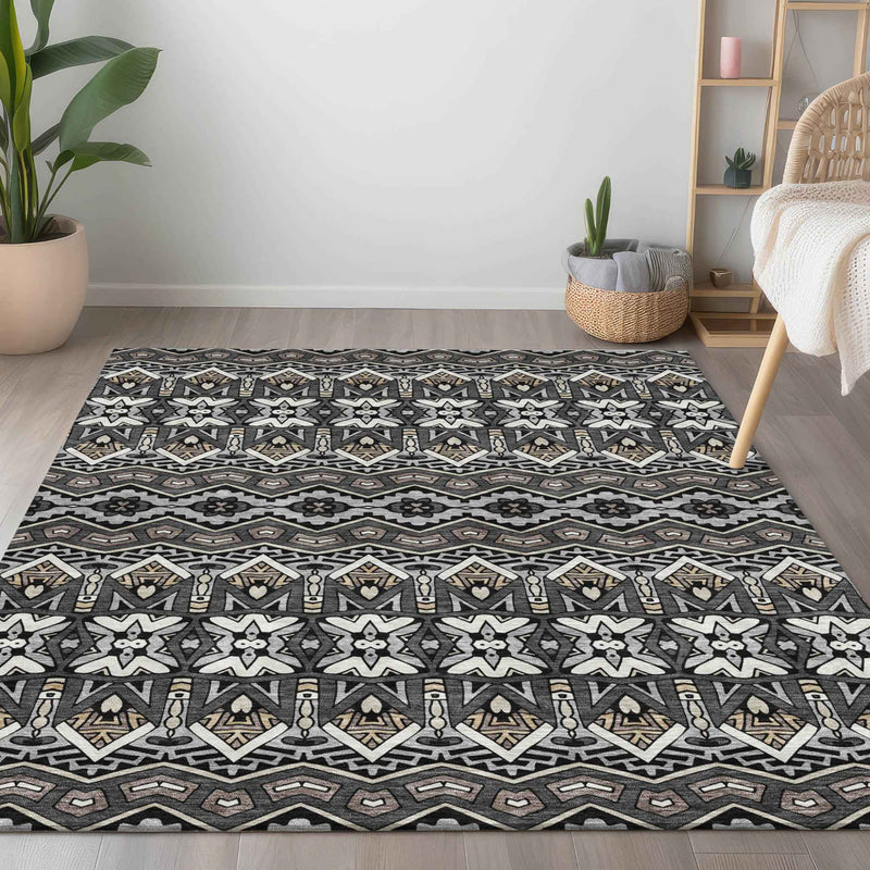 10' X 14' Charcoal Brown And Ivory Moroccan Washable Indoor Outdoor Area Rug