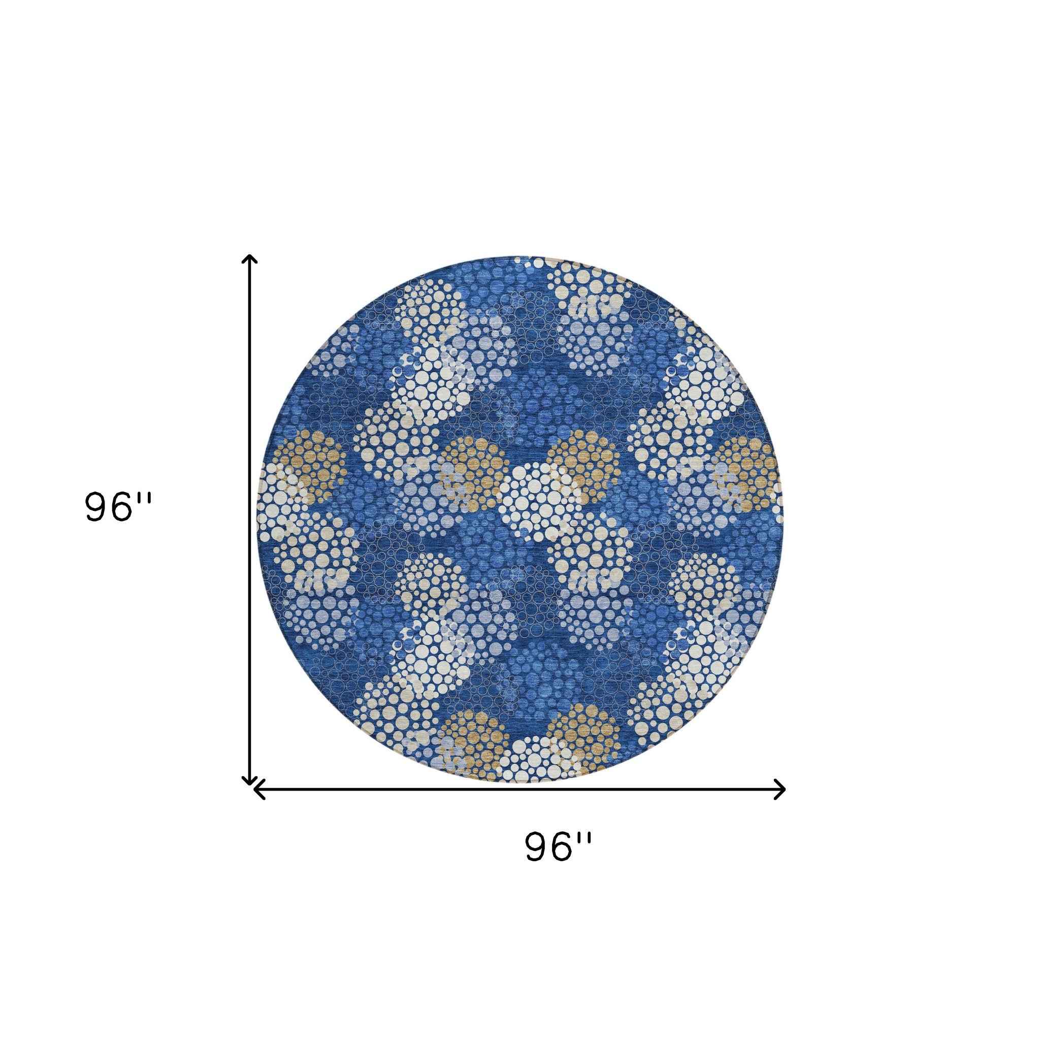 8' Navy Blue Brown And Ivory Round Polka Dot Washable Indoor Outdoor Area Rug