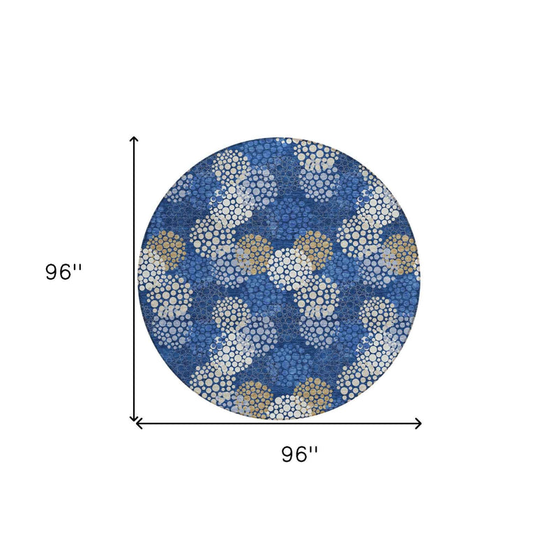 8' Navy Blue Brown And Ivory Round Polka Dot Washable Indoor Outdoor Area Rug