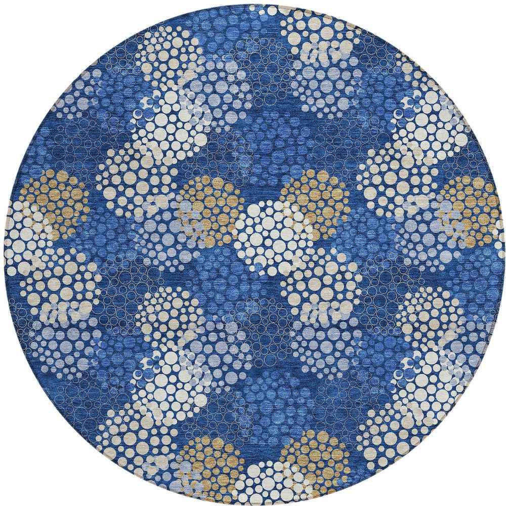 8' Navy Blue Brown And Ivory Round Polka Dot Washable Indoor Outdoor Area Rug