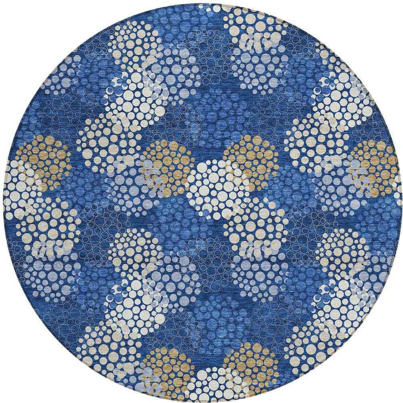 8' Navy Blue Brown And Ivory Round Polka Dot Washable Indoor Outdoor Area Rug