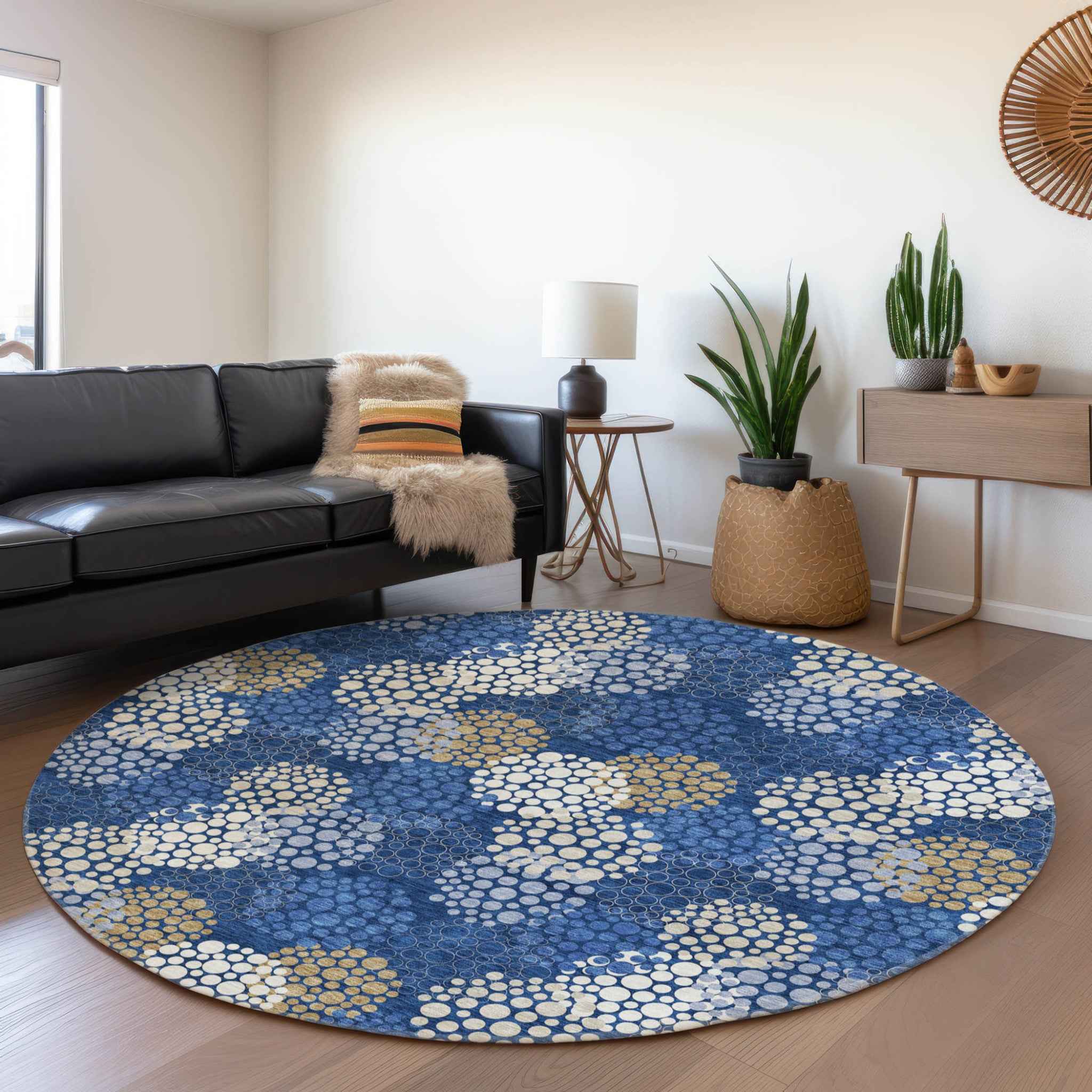 8' Navy Blue Brown And Ivory Round Polka Dot Washable Indoor Outdoor Area Rug