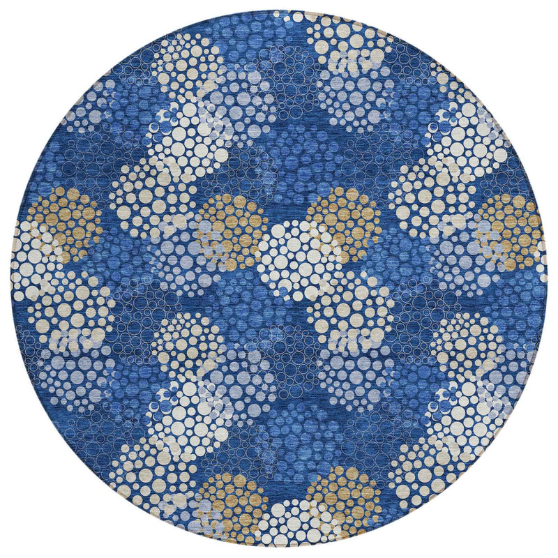 8' Navy Blue Brown And Ivory Round Polka Dot Washable Indoor Outdoor Area Rug