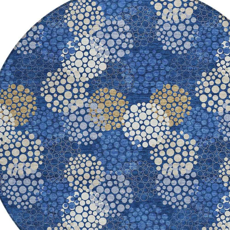 8' Navy Blue Brown And Ivory Round Polka Dot Washable Indoor Outdoor Area Rug