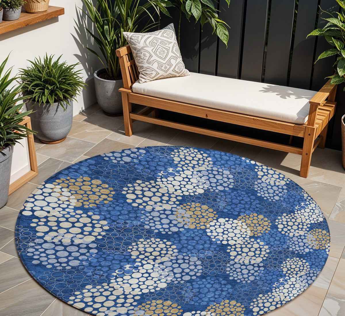 8' Navy Blue Brown And Ivory Round Polka Dot Washable Indoor Outdoor Area Rug