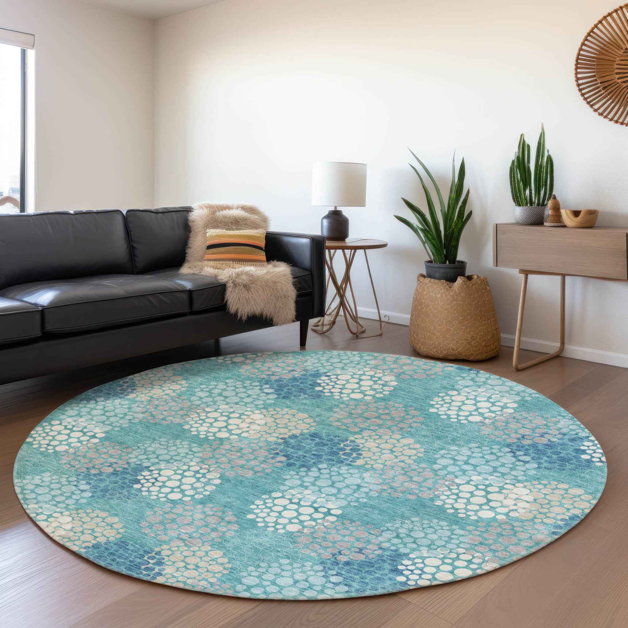 8' Teal Blue Gray And Ivory Round Polka Dot Washable Indoor Outdoor Area Rug