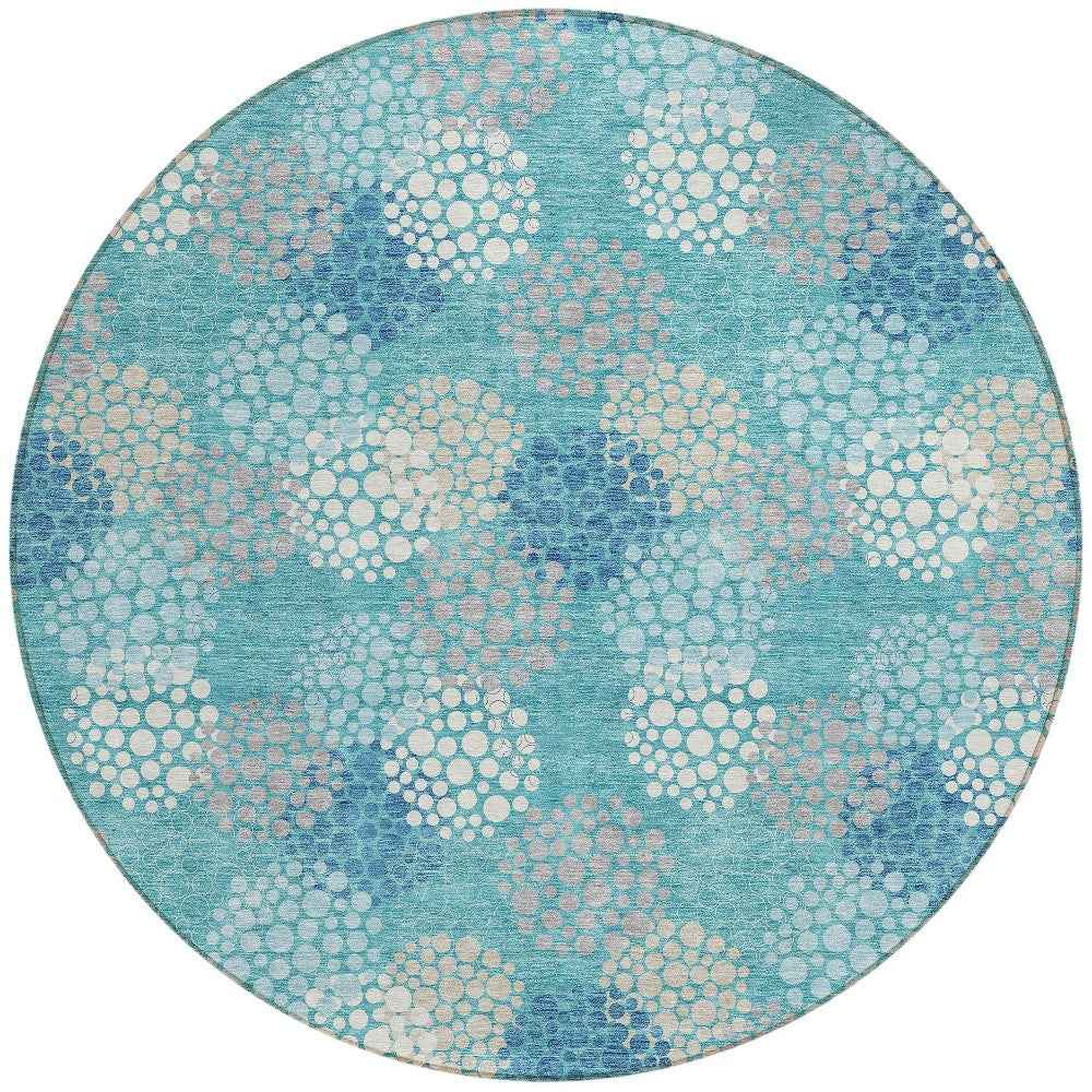 8' Teal Blue Gray And Ivory Round Polka Dot Washable Indoor Outdoor Area Rug