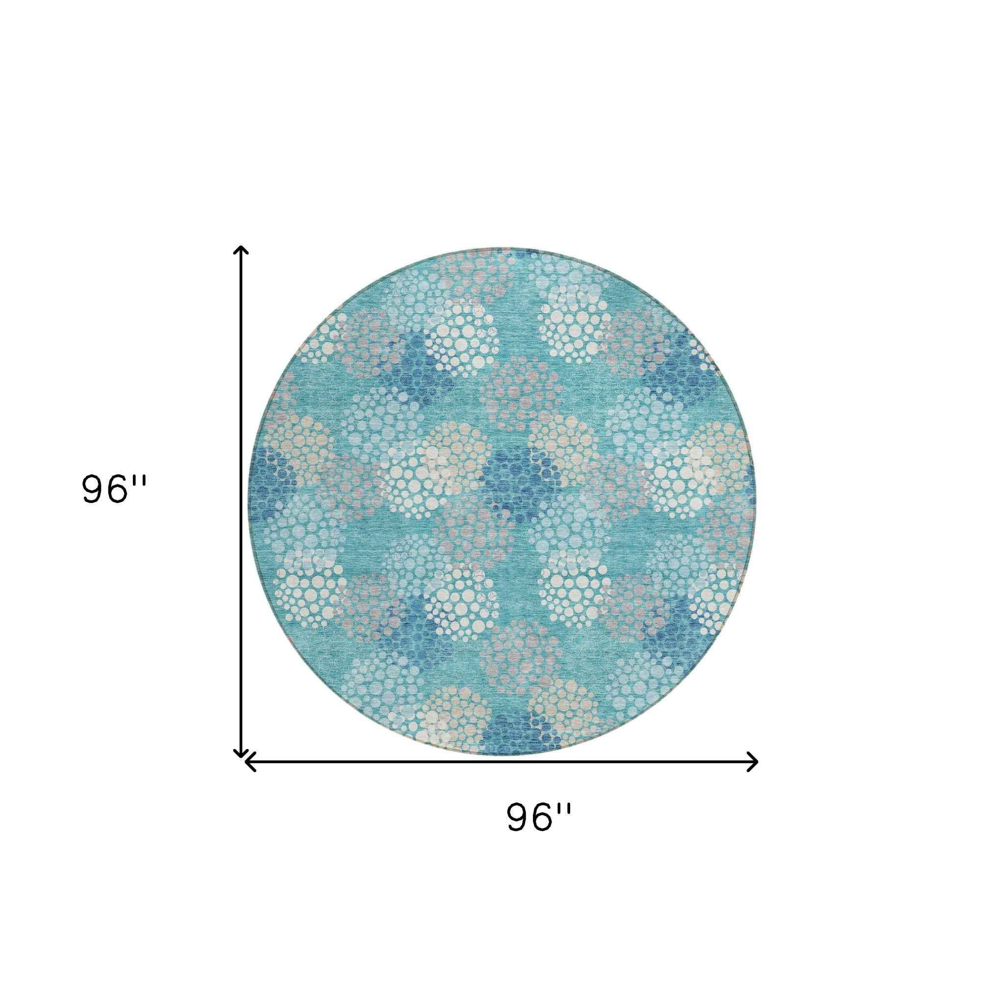 8' Teal Blue Gray And Ivory Round Polka Dot Washable Indoor Outdoor Area Rug
