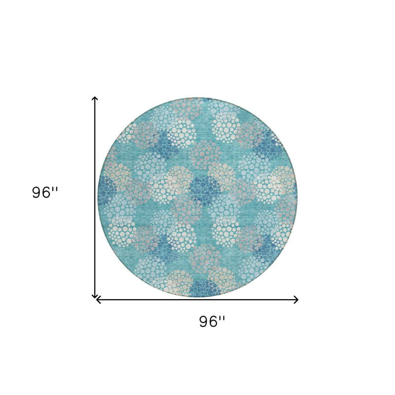 8' Teal Blue Gray And Ivory Round Polka Dot Washable Indoor Outdoor Area Rug