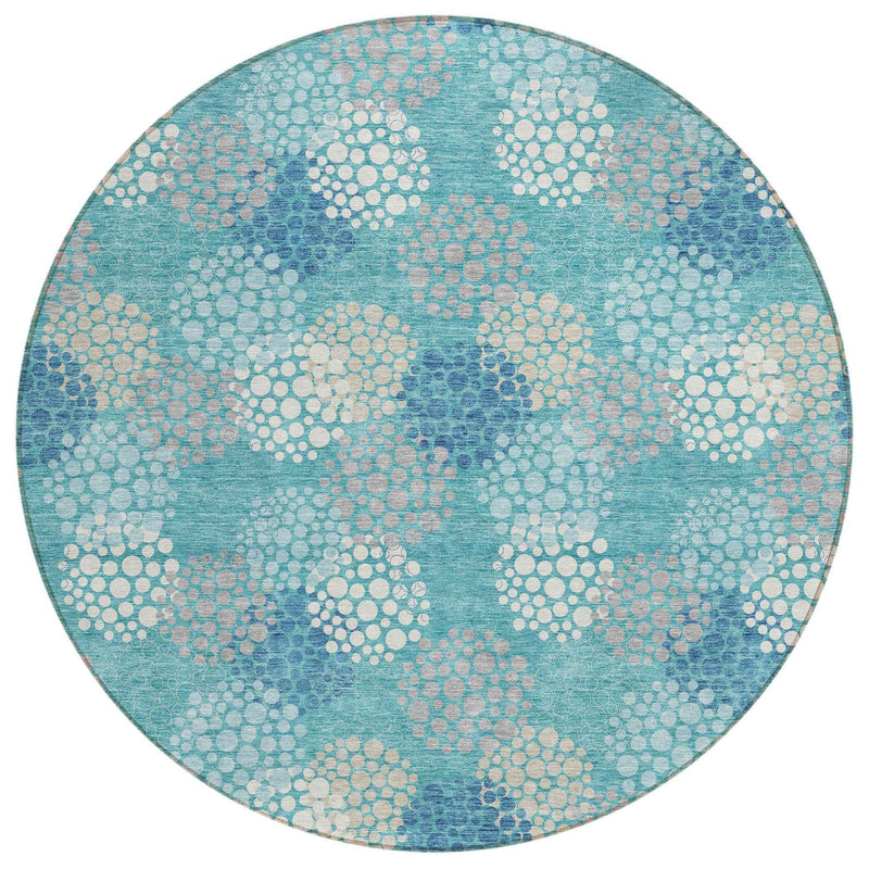 8' Teal Blue Gray And Ivory Round Polka Dot Washable Indoor Outdoor Area Rug