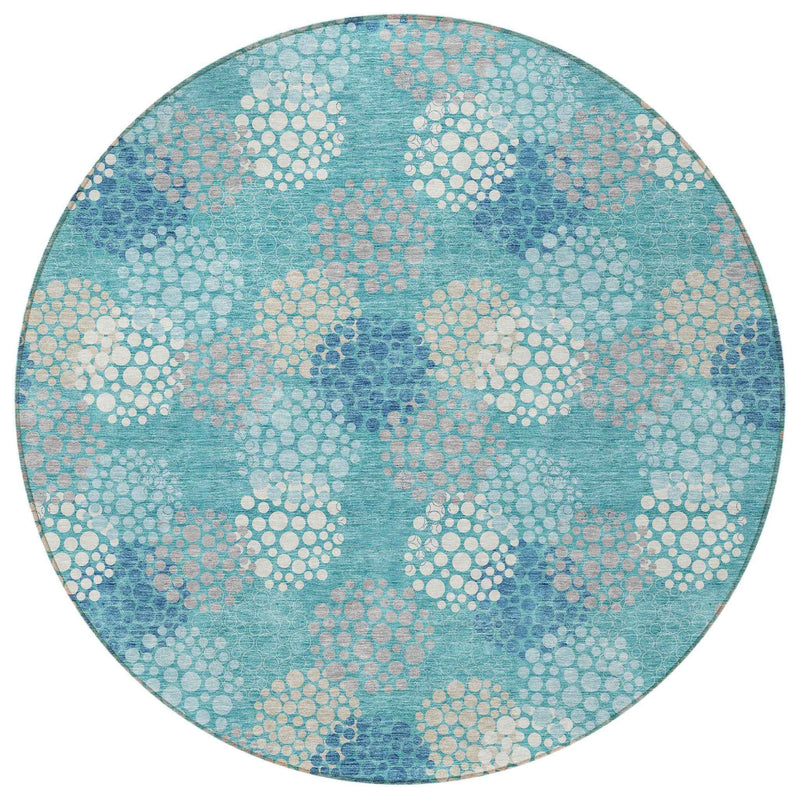 8' Teal Blue Gray And Ivory Round Polka Dot Washable Indoor Outdoor Area Rug